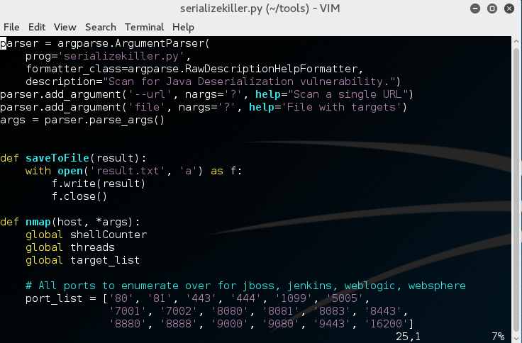 Original mock-up for “serializekiller.py” in VIM