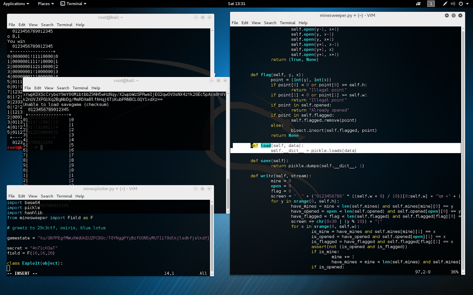There are two instances of the game board on the top left, and part of the solution script (meant to be a work in-progress) in vim on the bottom left. The original source code is on the right, with the cursor on the function call that loads a saved game.