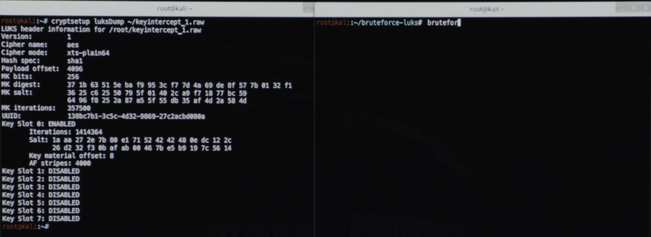 LUKS analysis on the left; starting the password-cracking attack on the right